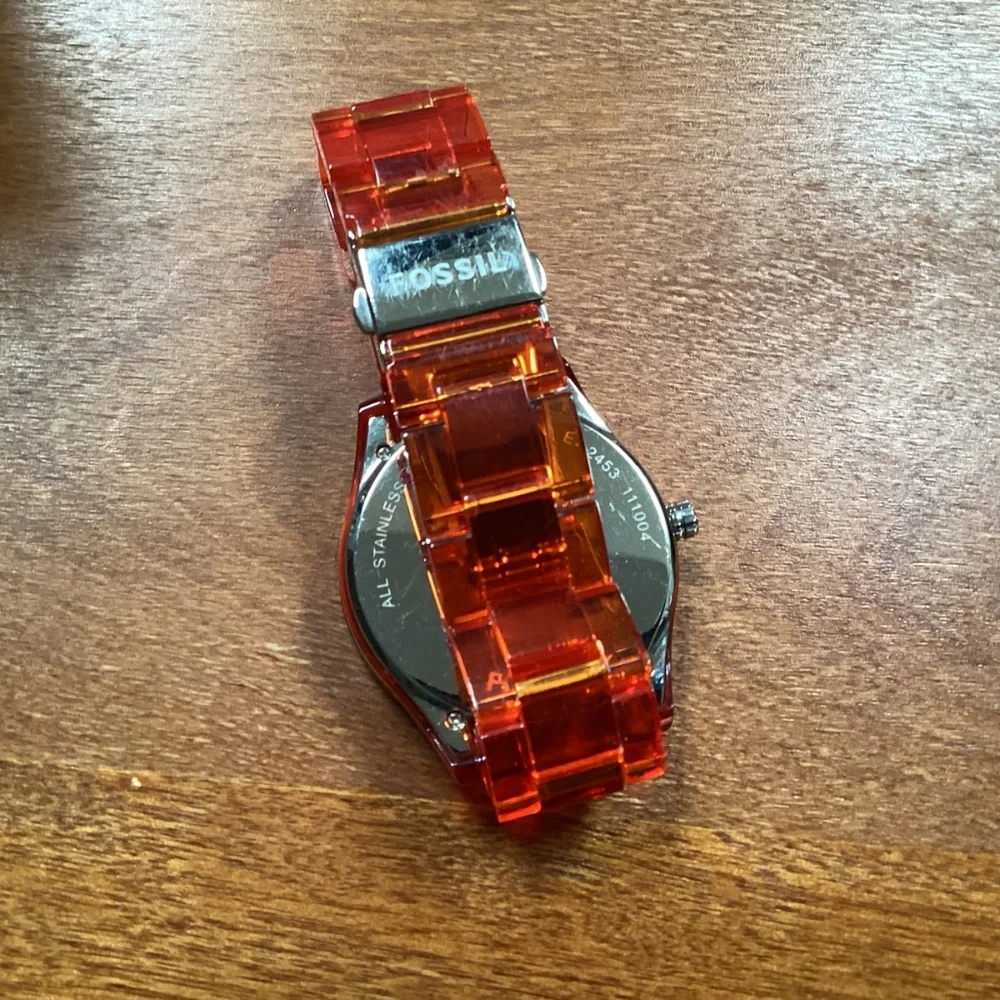 Fossil Stella Orange Acrylic Women’s Watch With Crystal Accented Bezel ES 2453